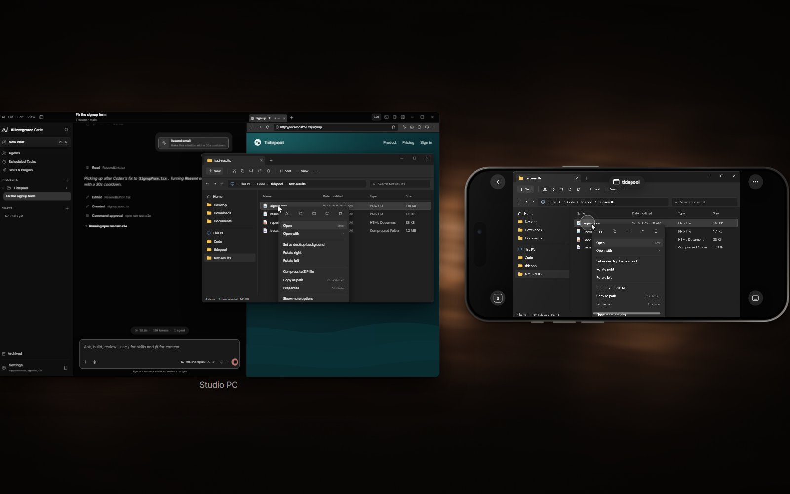 From an iPhone, the person opens File Explorer on their Windows PC and taps, holds, and pinches on it while both screens react.