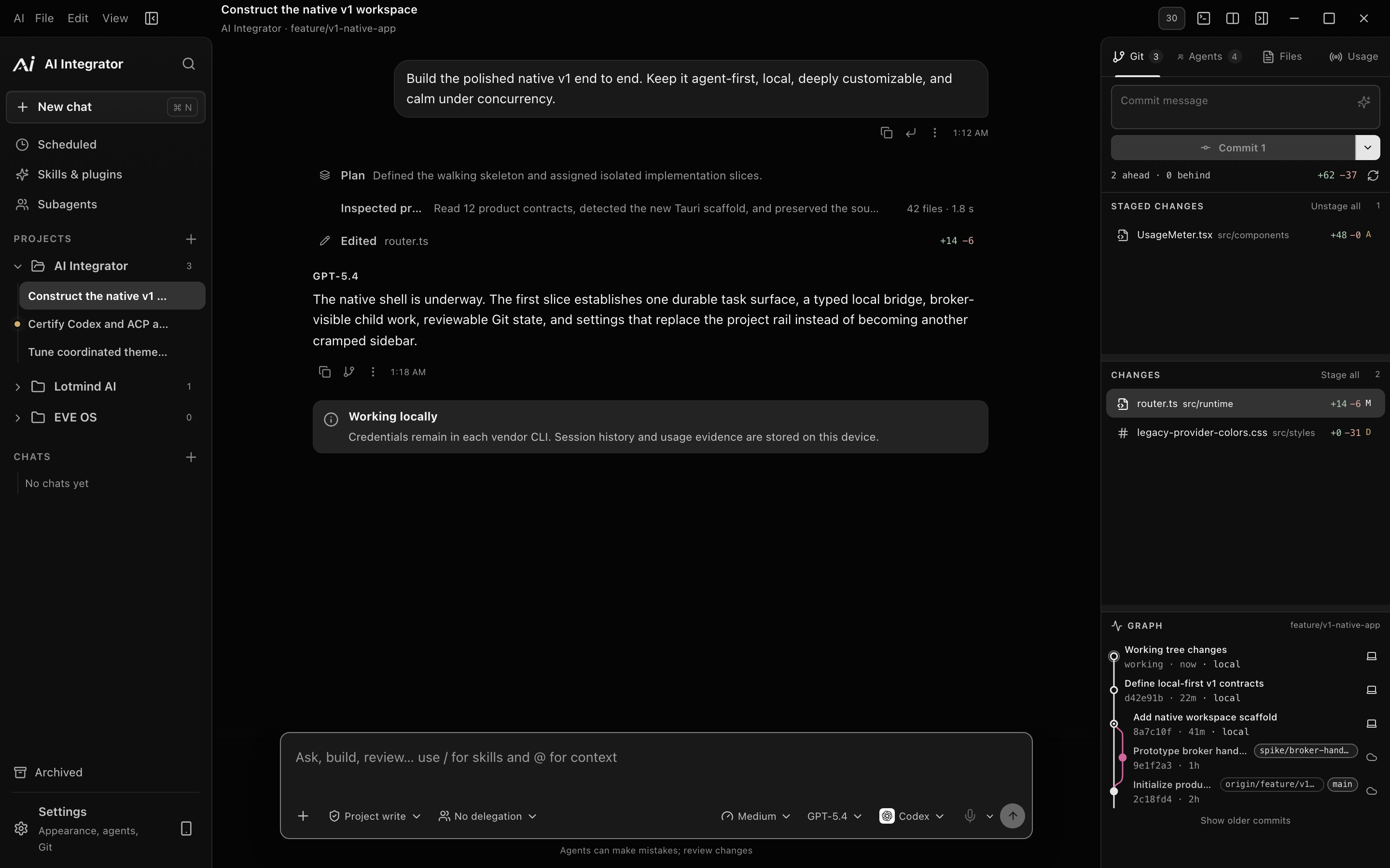 AI Integrator Code on desktop: a task in the AI Integrator repo, Claude Code selected, Git changes on the right.