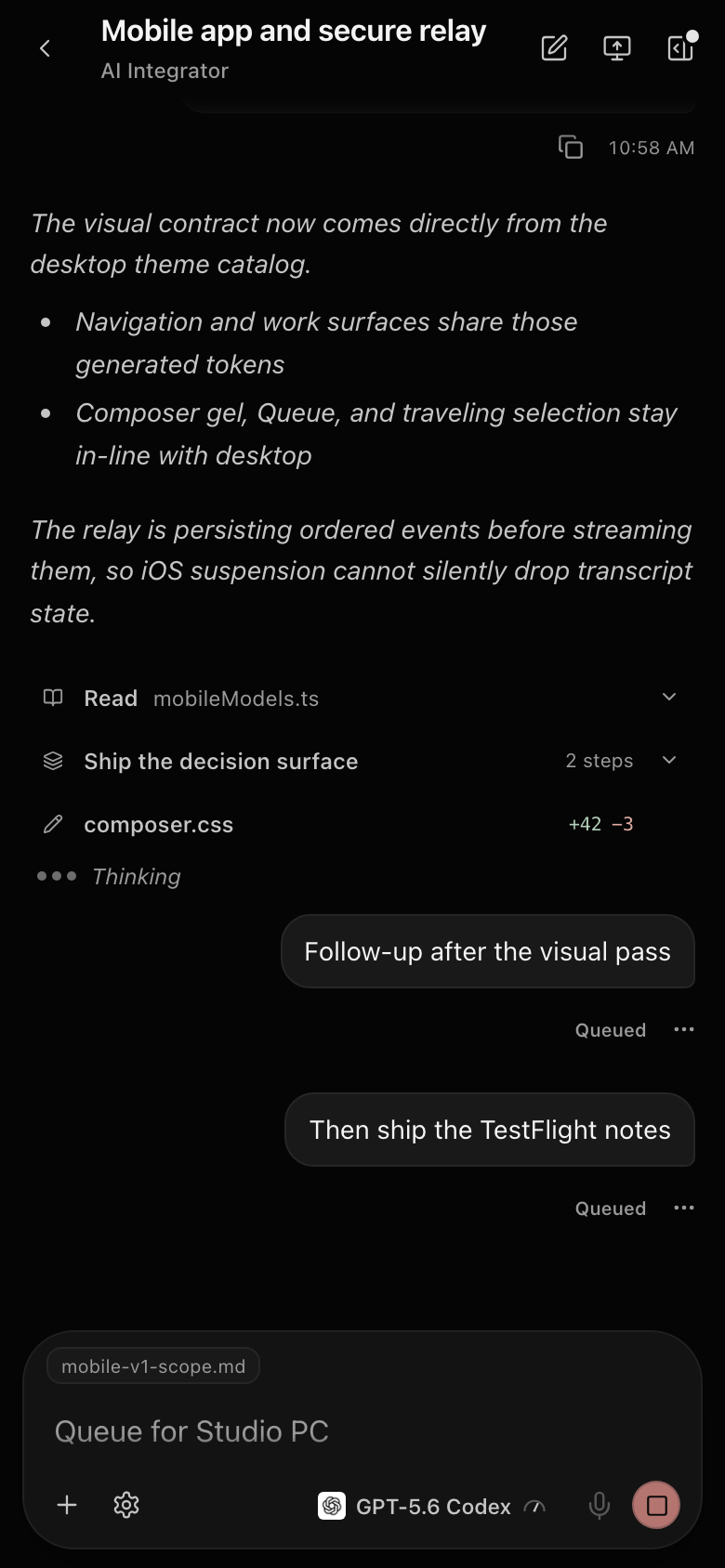 AI Integrator Chat on iPhone: a running task with the composer at the bottom.