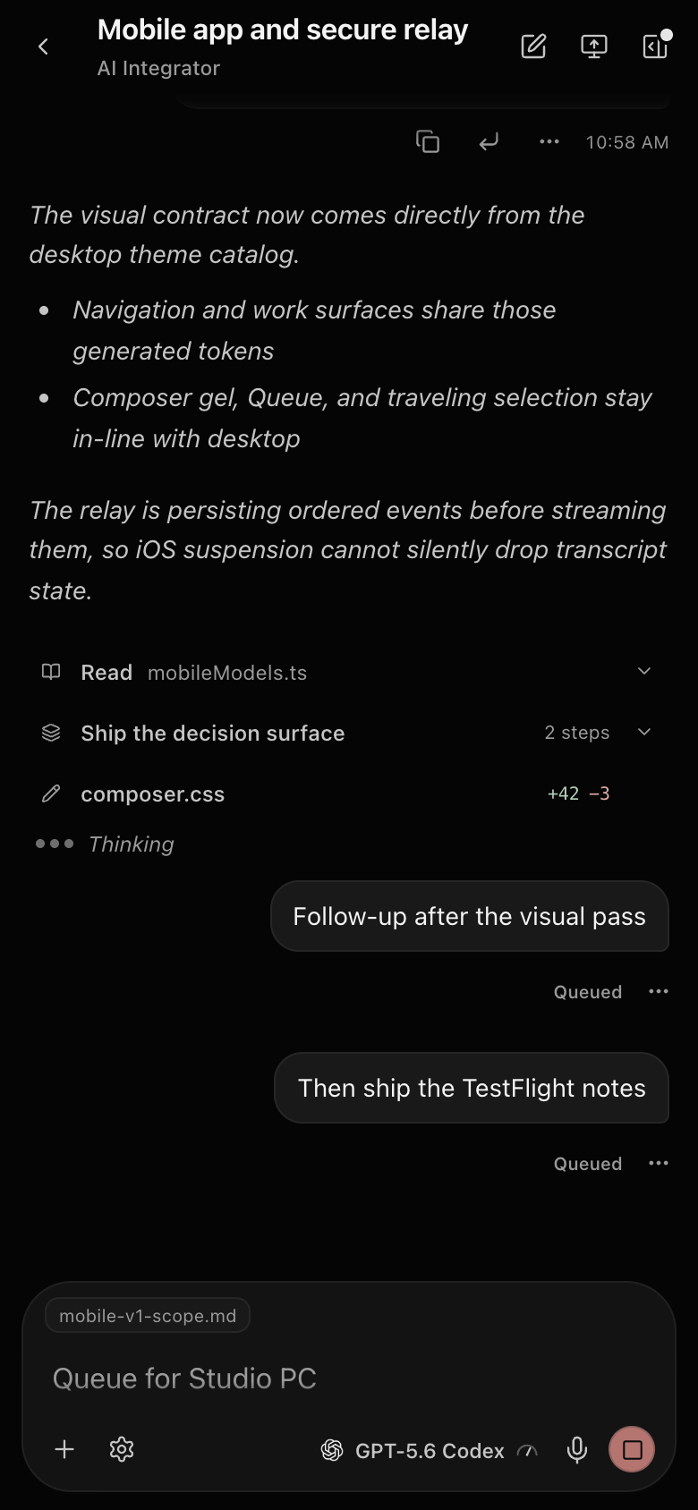 A running chat on iPhone with a plan, a diff, and two queued messages.