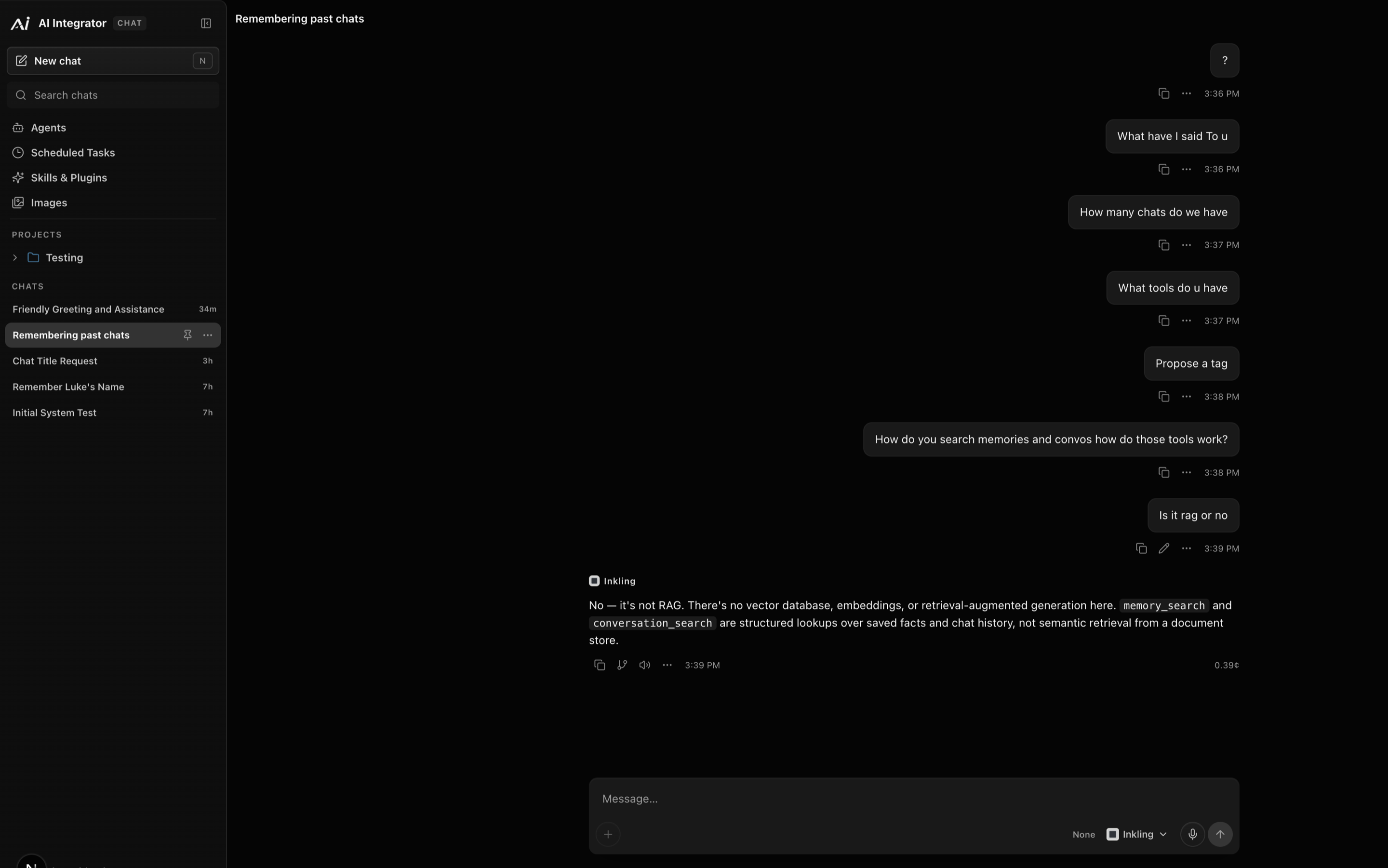 AI Integrator Chat in the browser: chat list, a conversation, and the model picker.